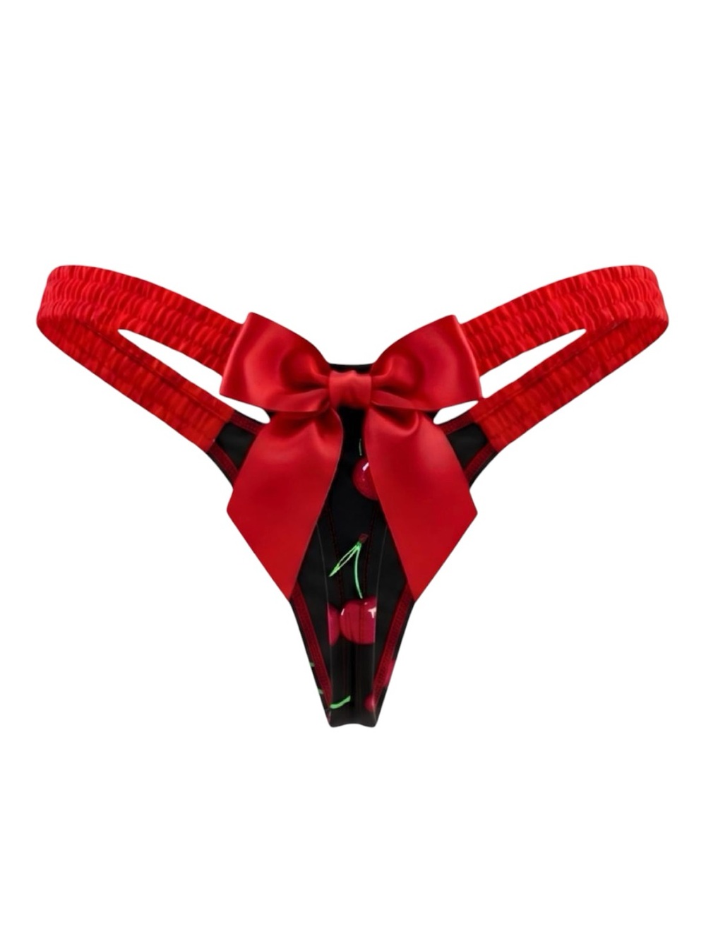 Black Cherry Print Satin Bow Micro Thong - One Size - Dancewear